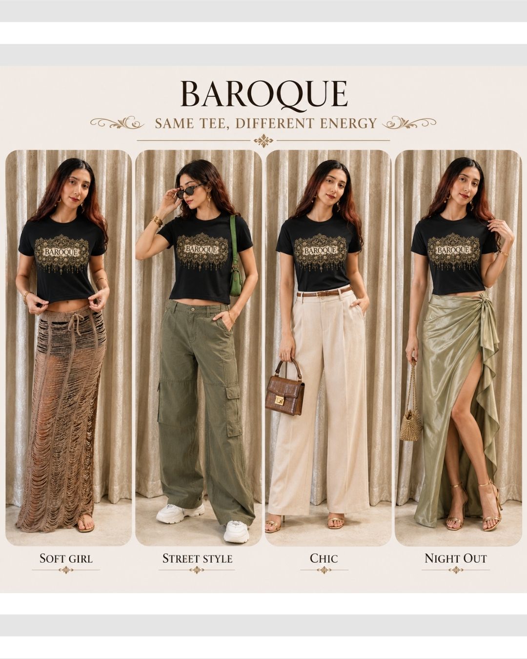 Baroque Print Ornate Graphic Cropped T-Shirt for Women