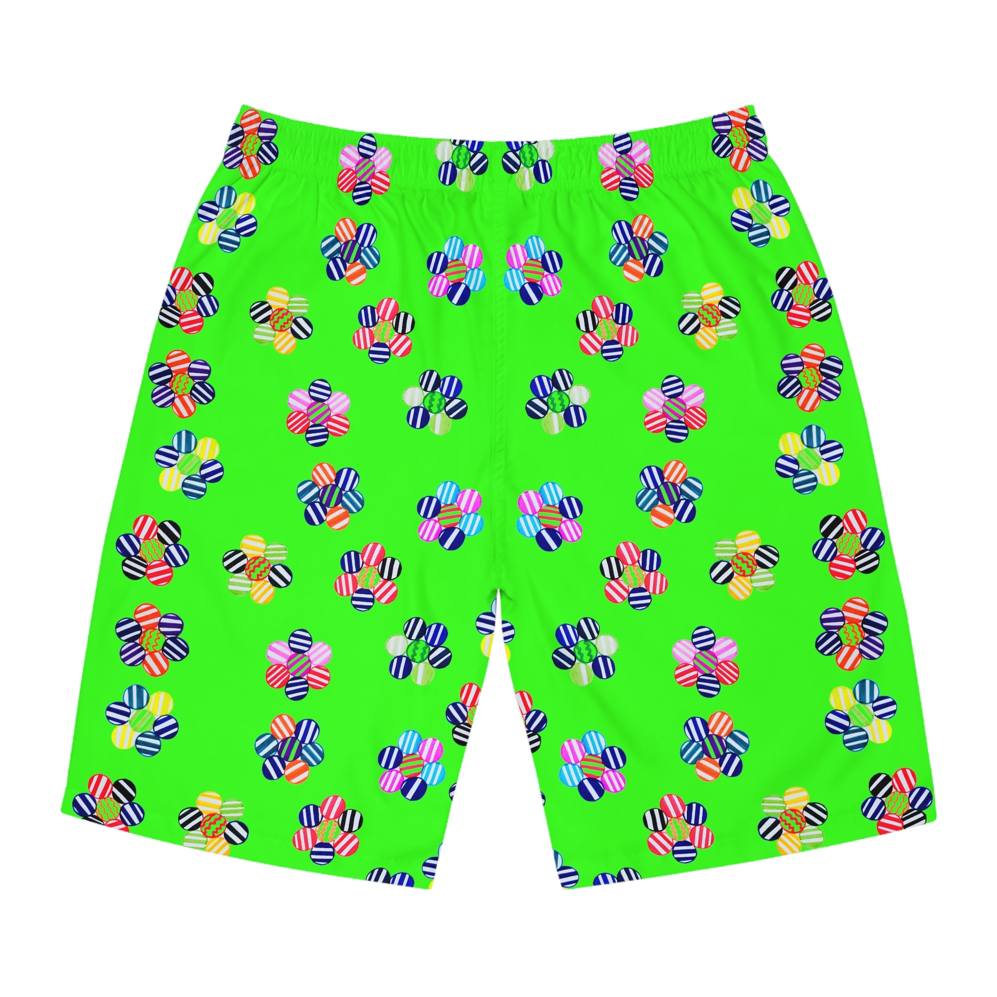 Neon Green Geo Candy Floral Men's Board Shorts (AOP)