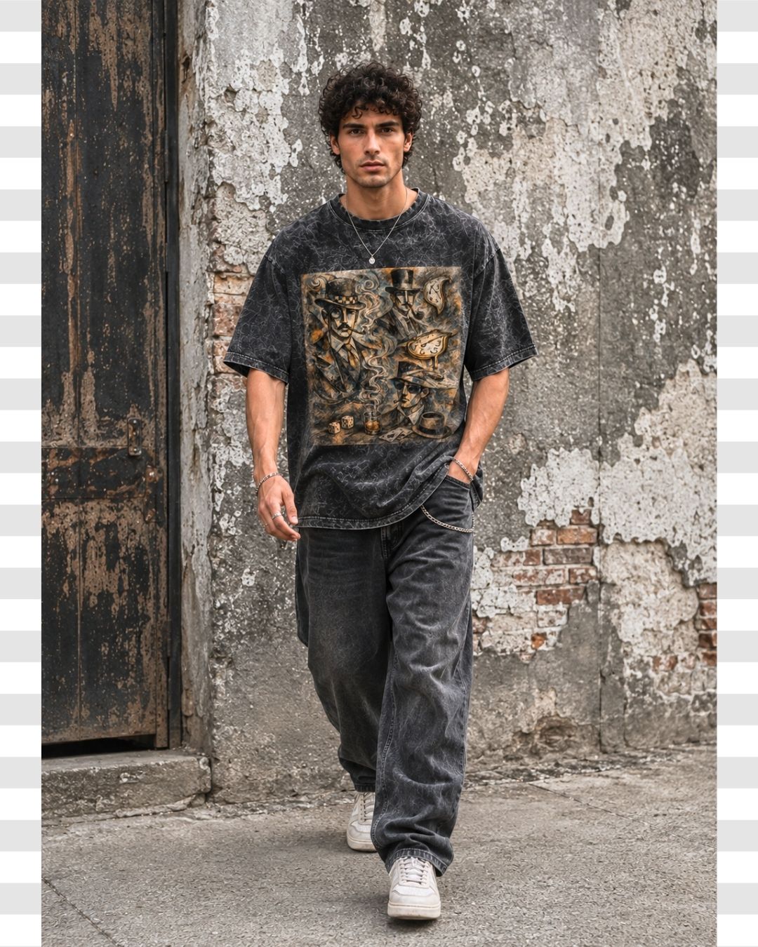 Men's Surrealist Artcore Pica-Dali Oversized Acid Wash Cotton Tee