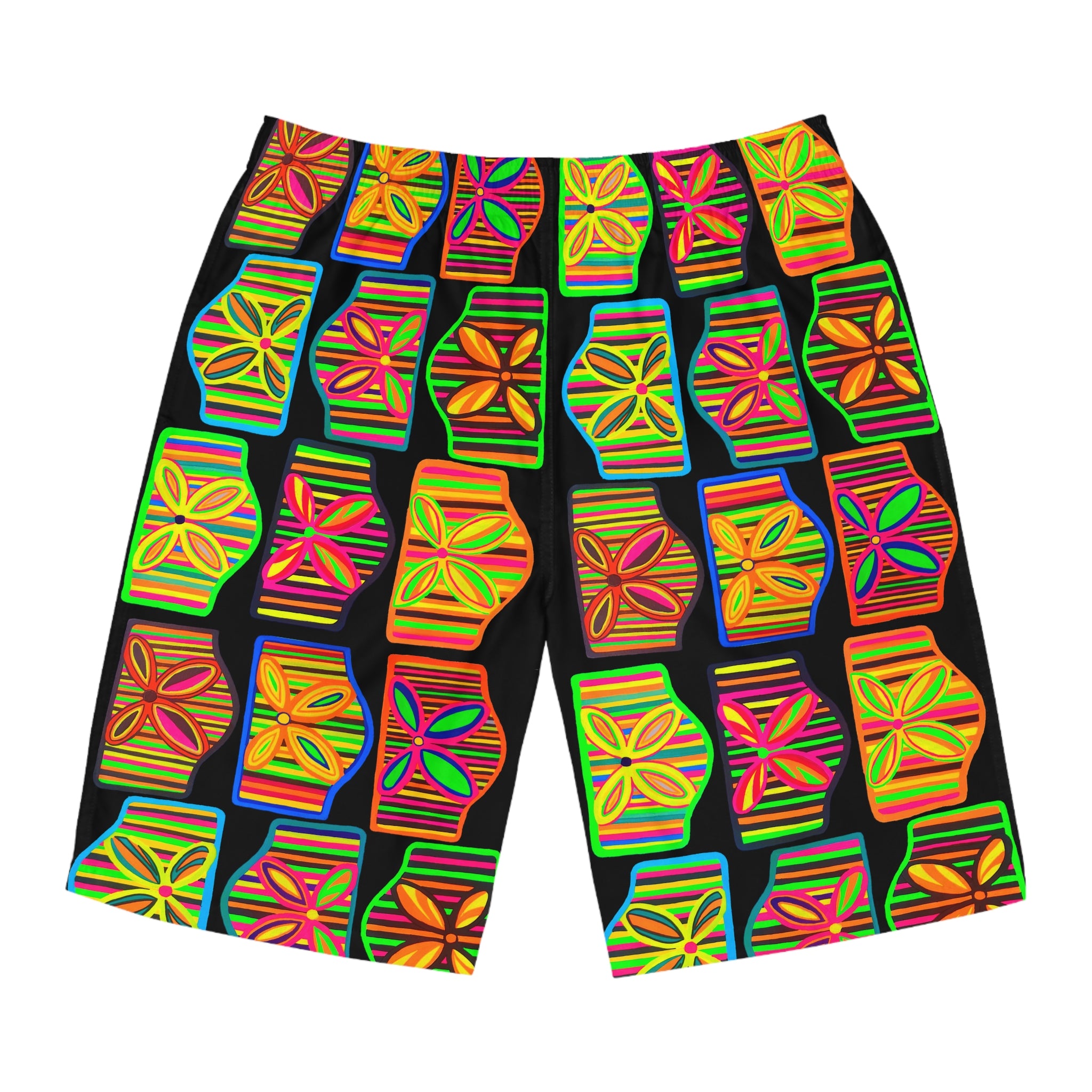 Black Deco Print Men's Board Shorts (AOP)