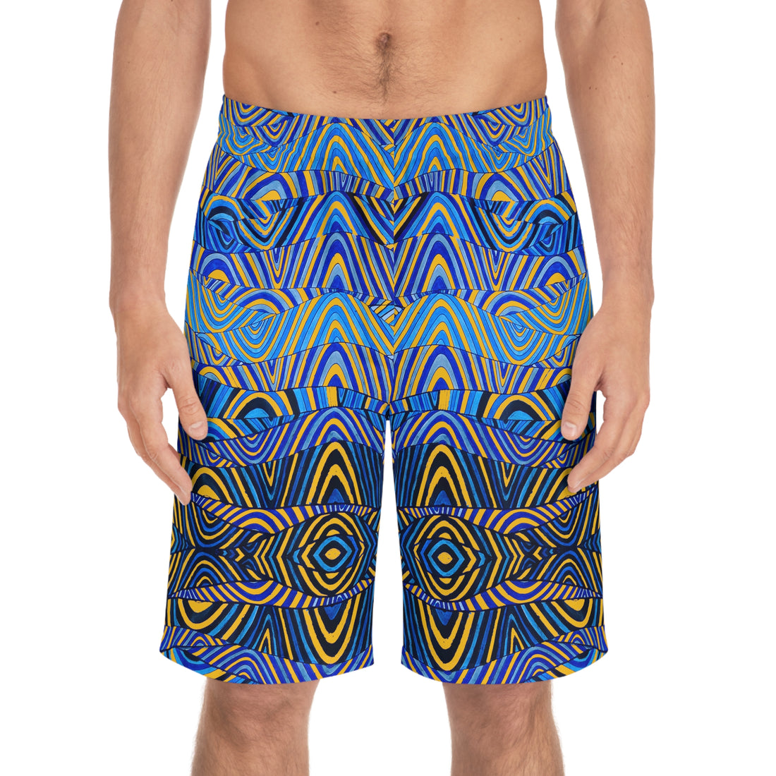 yellow sonic waves print board shorts for men