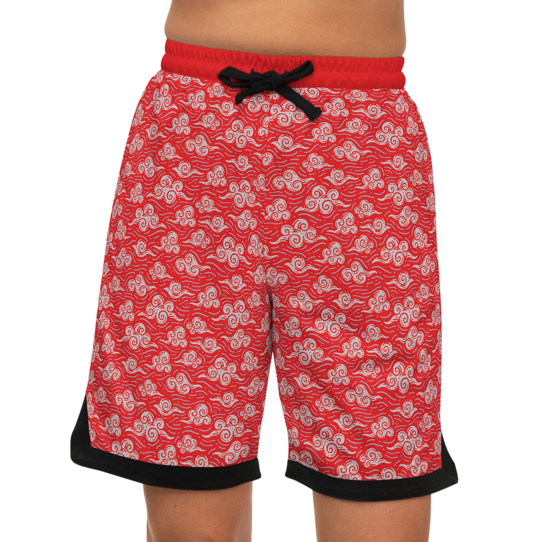 Red Oriental Clouds Basketball Rib Shorts (AOP)