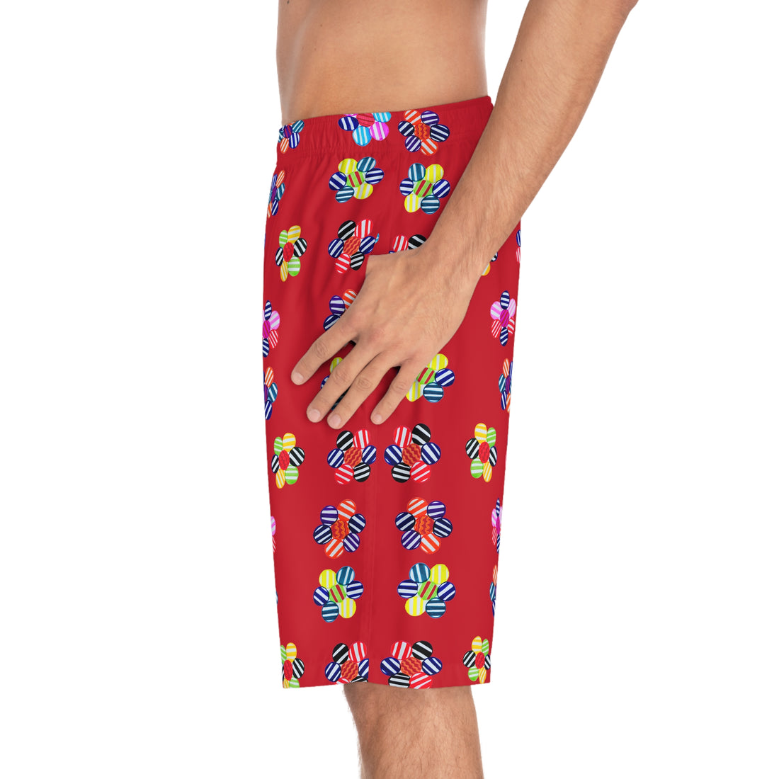 dark red geometric floral board shorts for men with elastic waistband