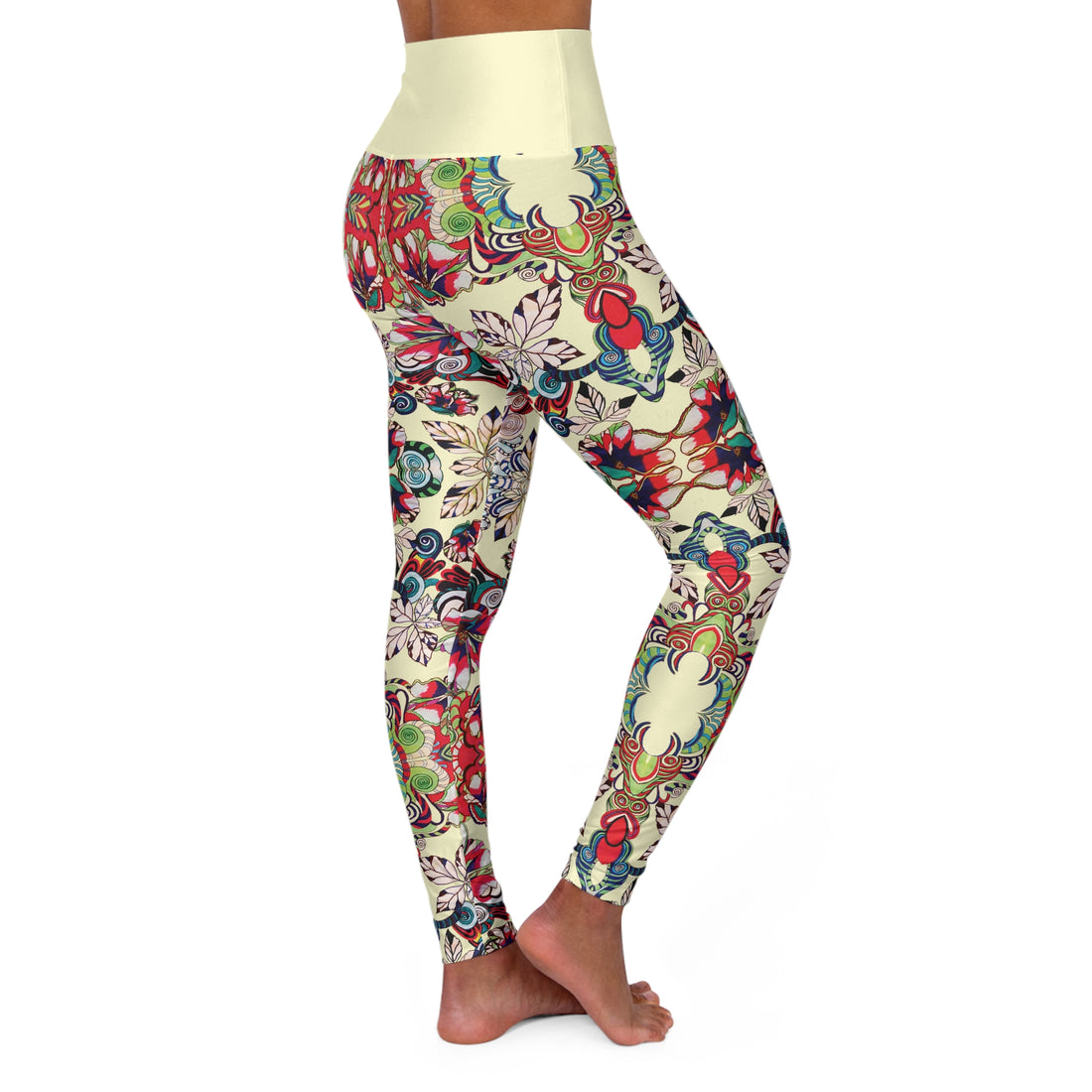 Cream Graphic Floral Yoga Leggings