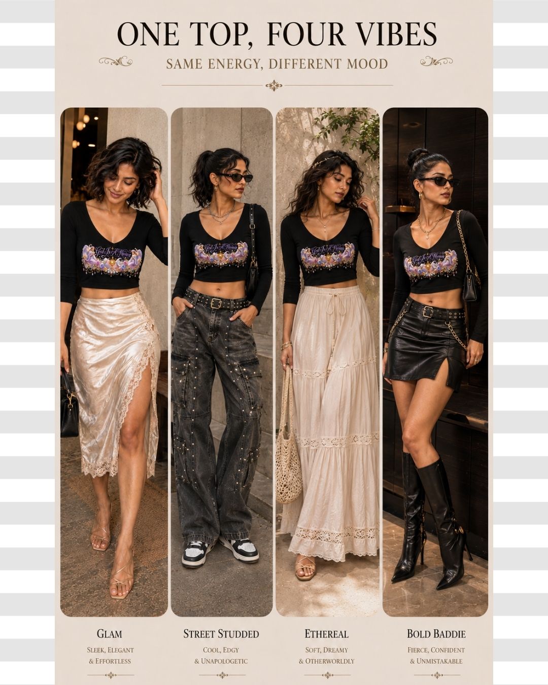 Goddess Energy Angelic Print Full Sleeved V-neck Black Crop Top