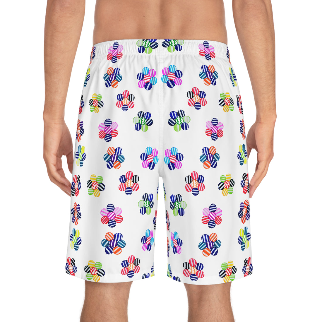 white geometric floral print basketball shorts for men