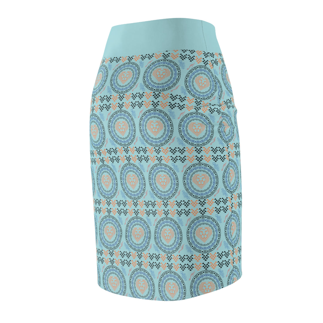 Icy Blue Geo Lion Head Pencil Skirt