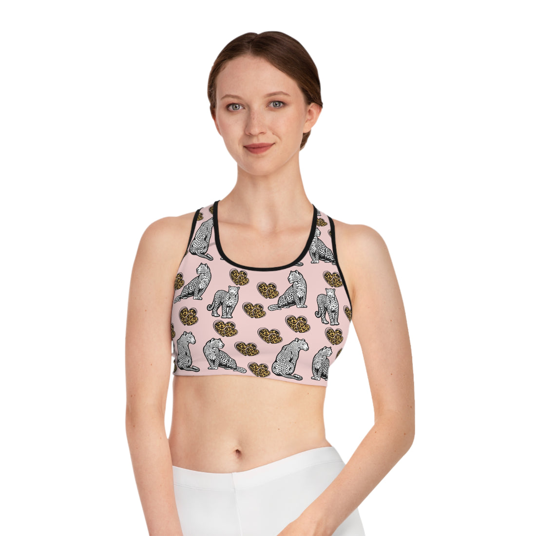 Pale Pink Cheetah Hearts (AOP) Sports Bra