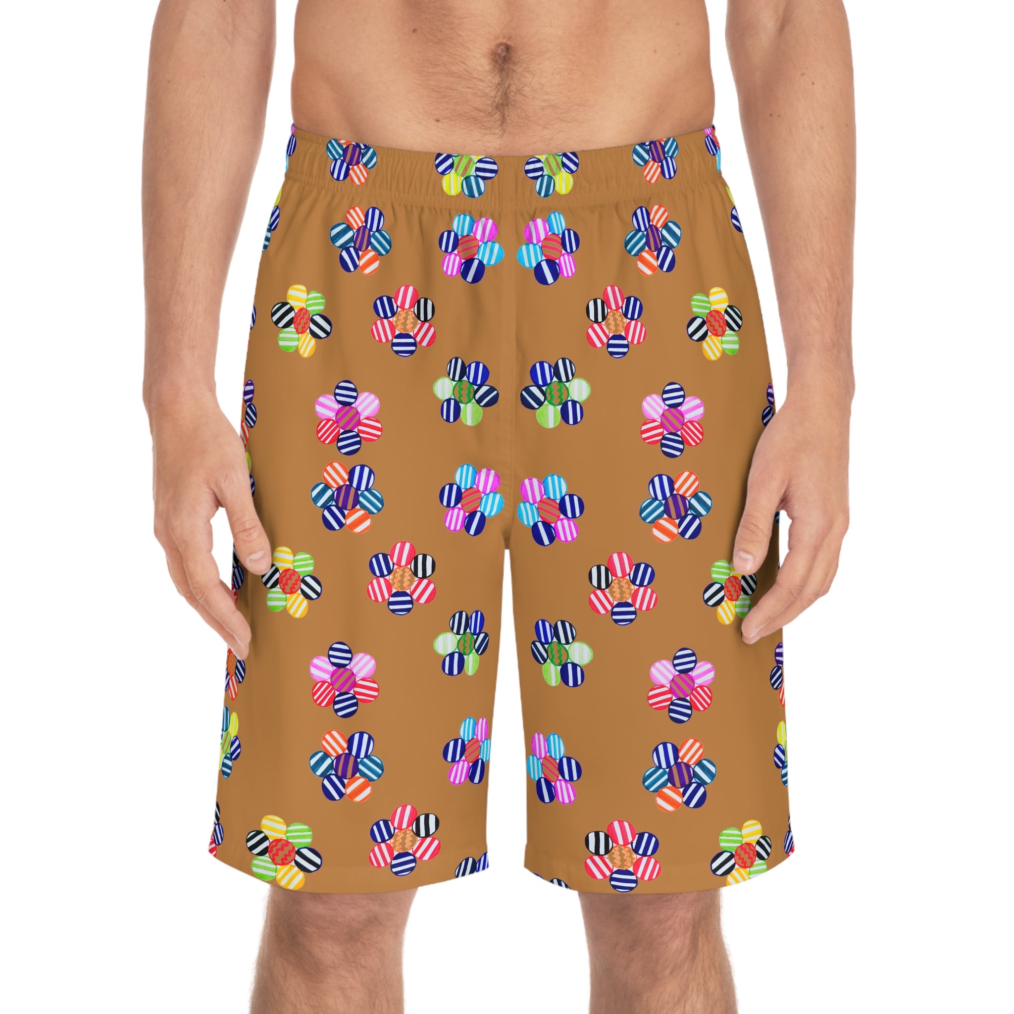 TUSSOCK geometric floral board shorts for men with elastic waistband