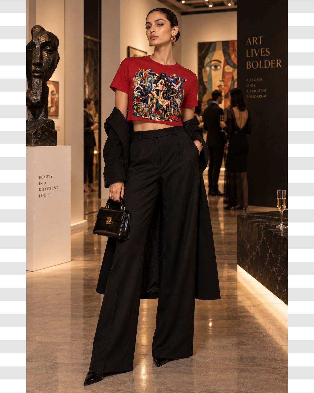 Maximalist Cubist Art Muse Cotton Cropped T-shirt For Women