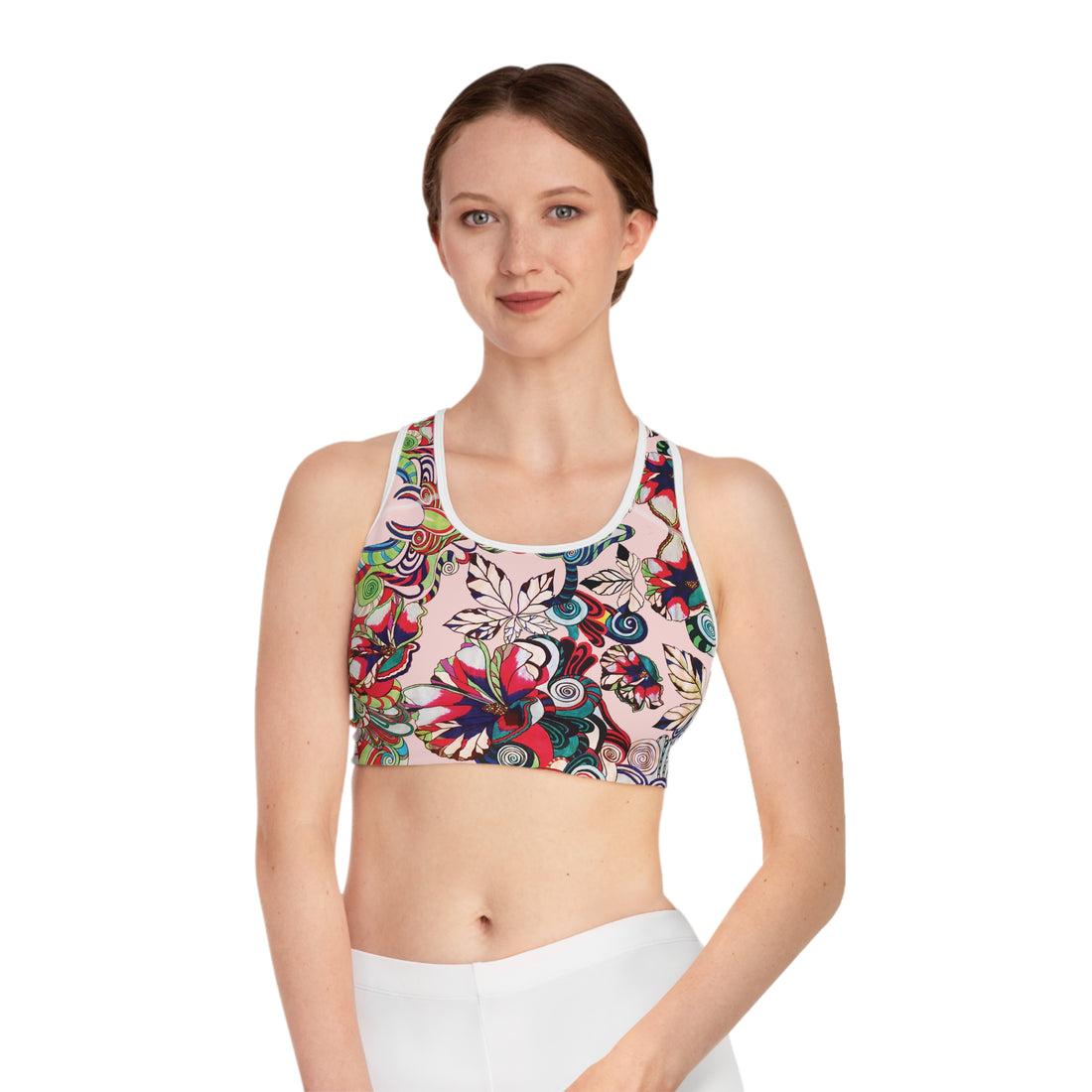 Pale Pink Graphic Floral Pop Racer Back (AOP) Sports Bra