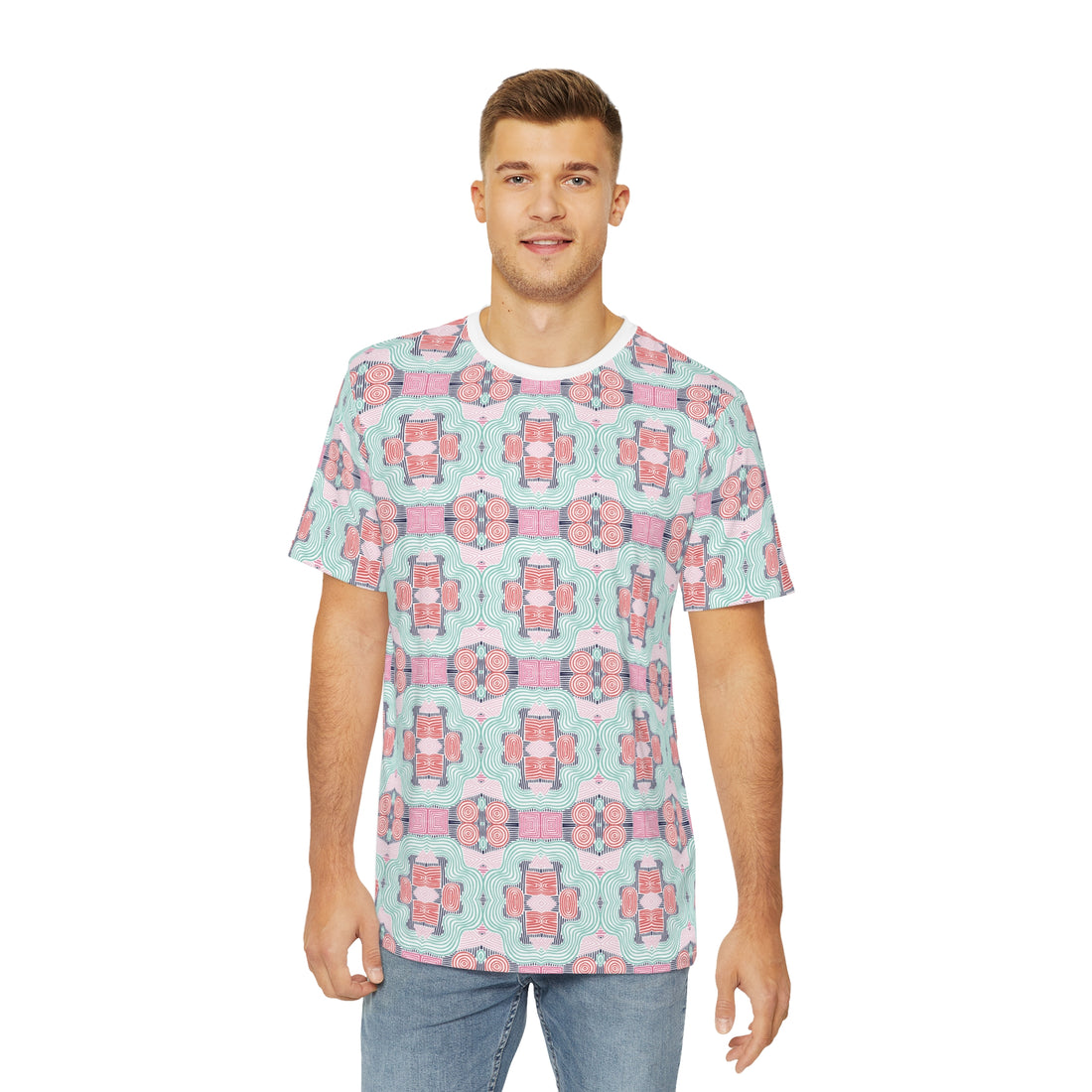 White Geometric Print Men's Polyester Tee (AOP)