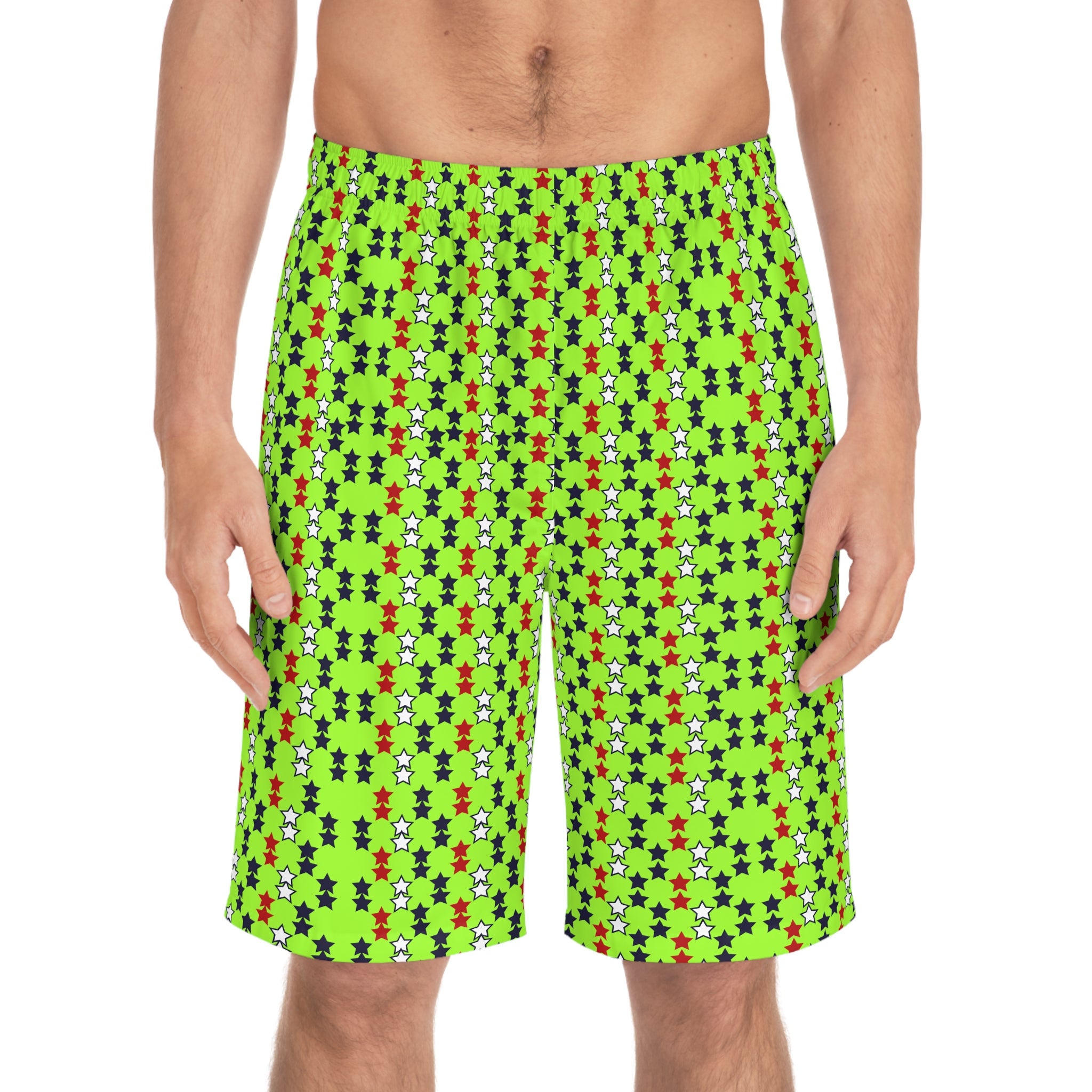 Lime Green Star Print Men's Board Shorts (AOP)