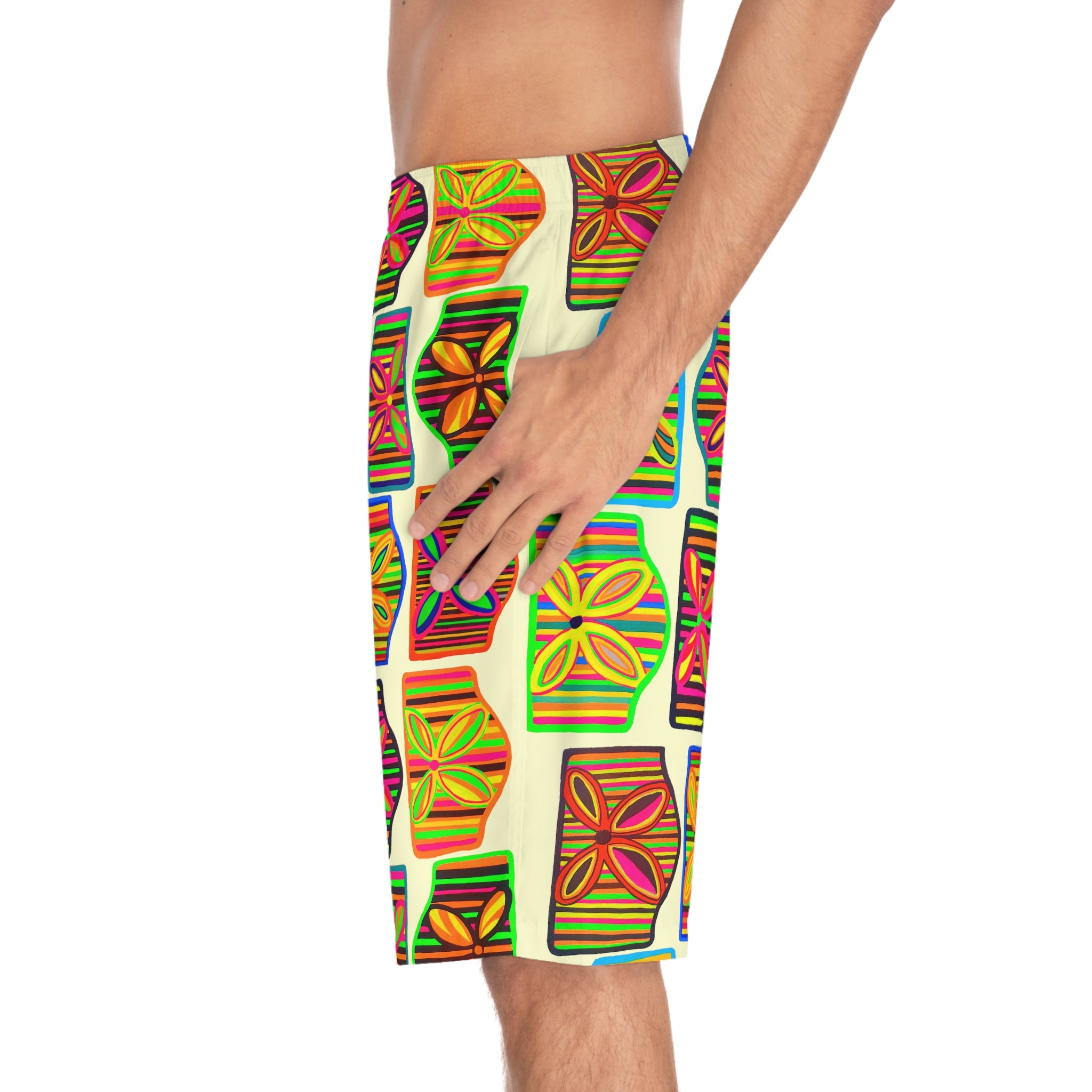 Cream Deco Print Men's Board Shorts (AOP)