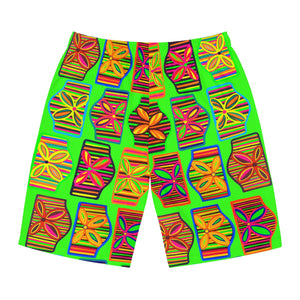 Neon Green Deco Print Men's Board Shorts (AOP)