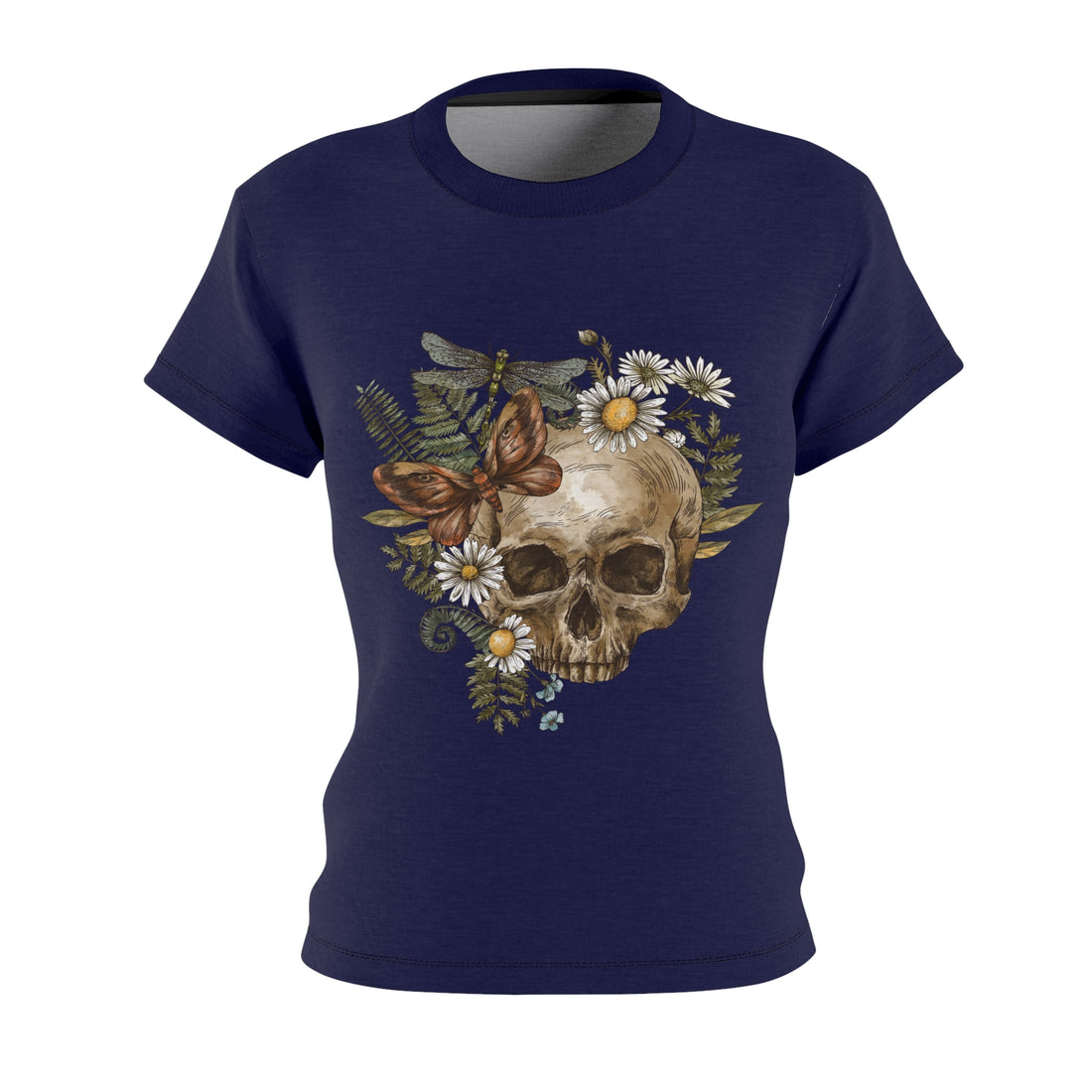 ink blue skull, floral & butterfly vintage print t-shirt for women