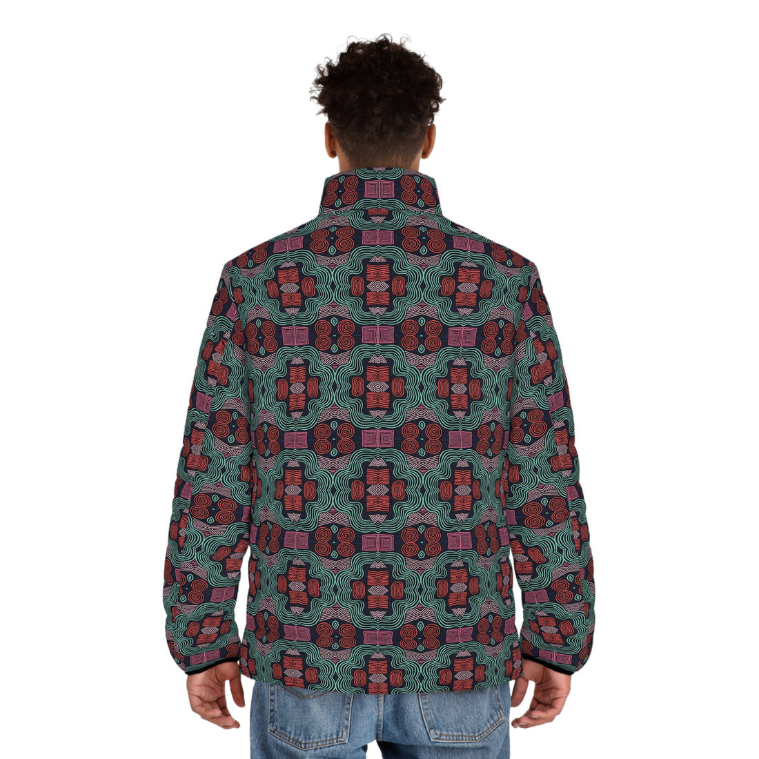 Black Men's Geometric Print Puffer Jacket