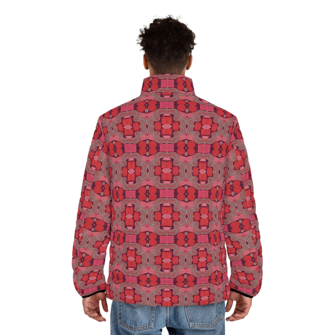 Deep Red Men's Geometric Print Puffer Jacket