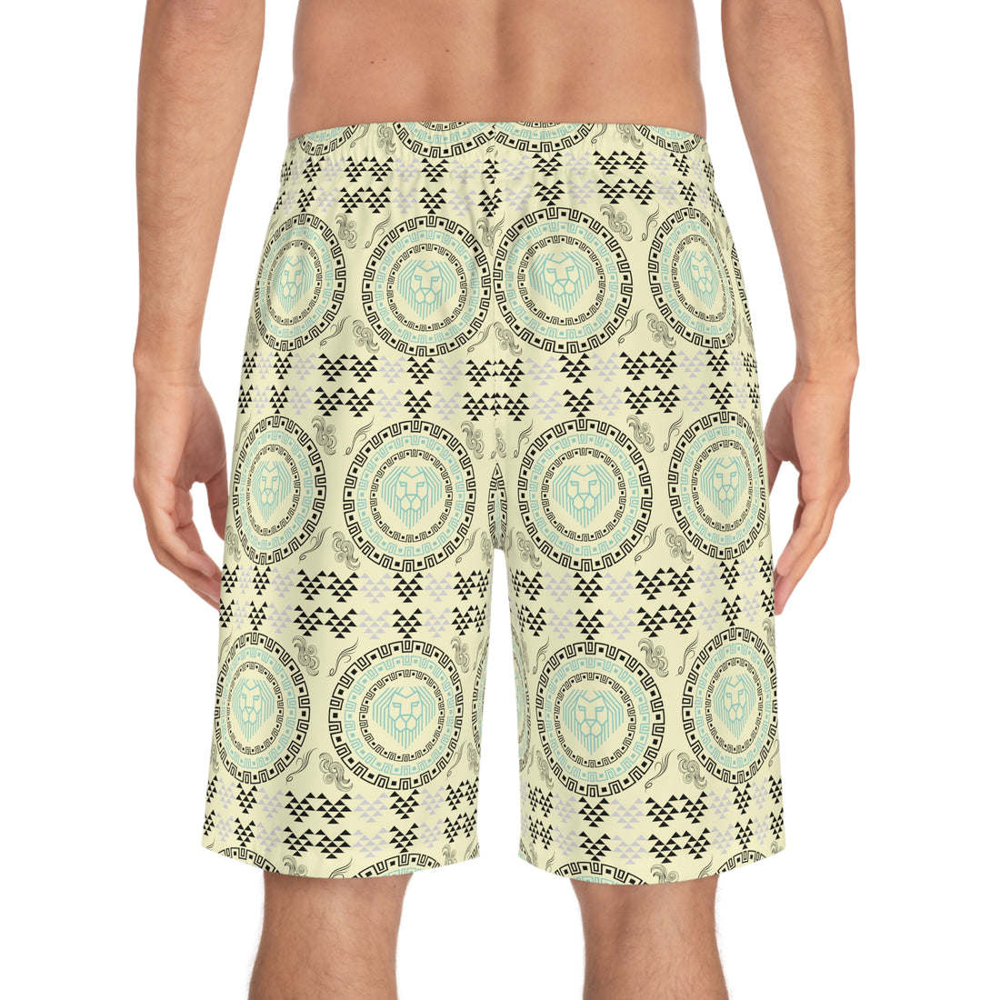 Cream Geo Lion Head Men's Board Shorts (AOP)