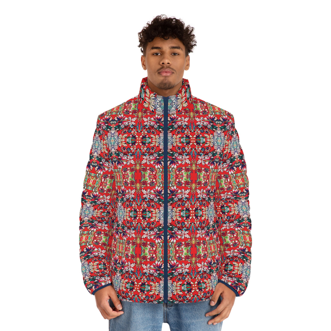 Red Artsy Floral Pop Men's Puffer Jacket