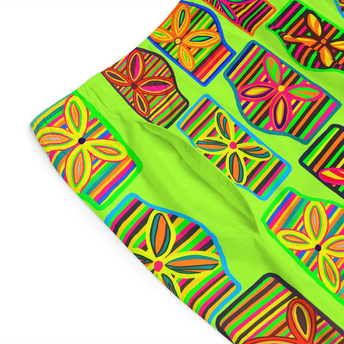 lime green men's art deco print board shorts