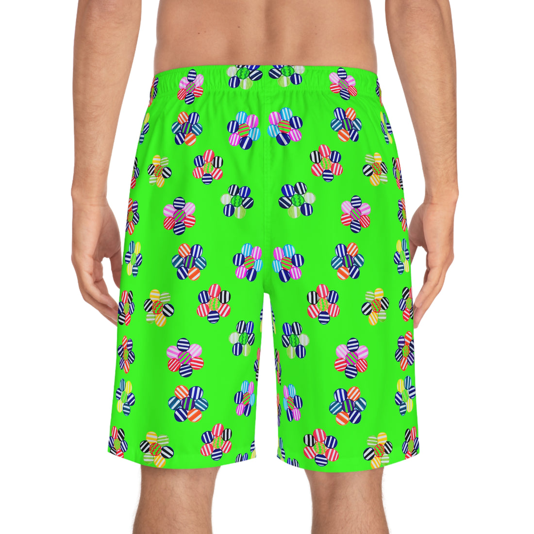 Neon Green Geo Candy Floral Men's Board Shorts (AOP)