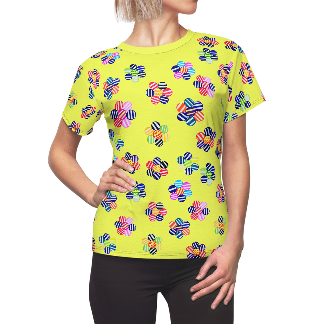 Canary Candy Floral AOP Women's Cap Sleeves T-shirt