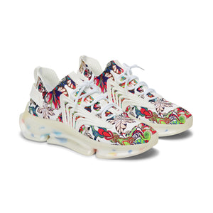 white women's graphic floral pop mesh knit sneakers