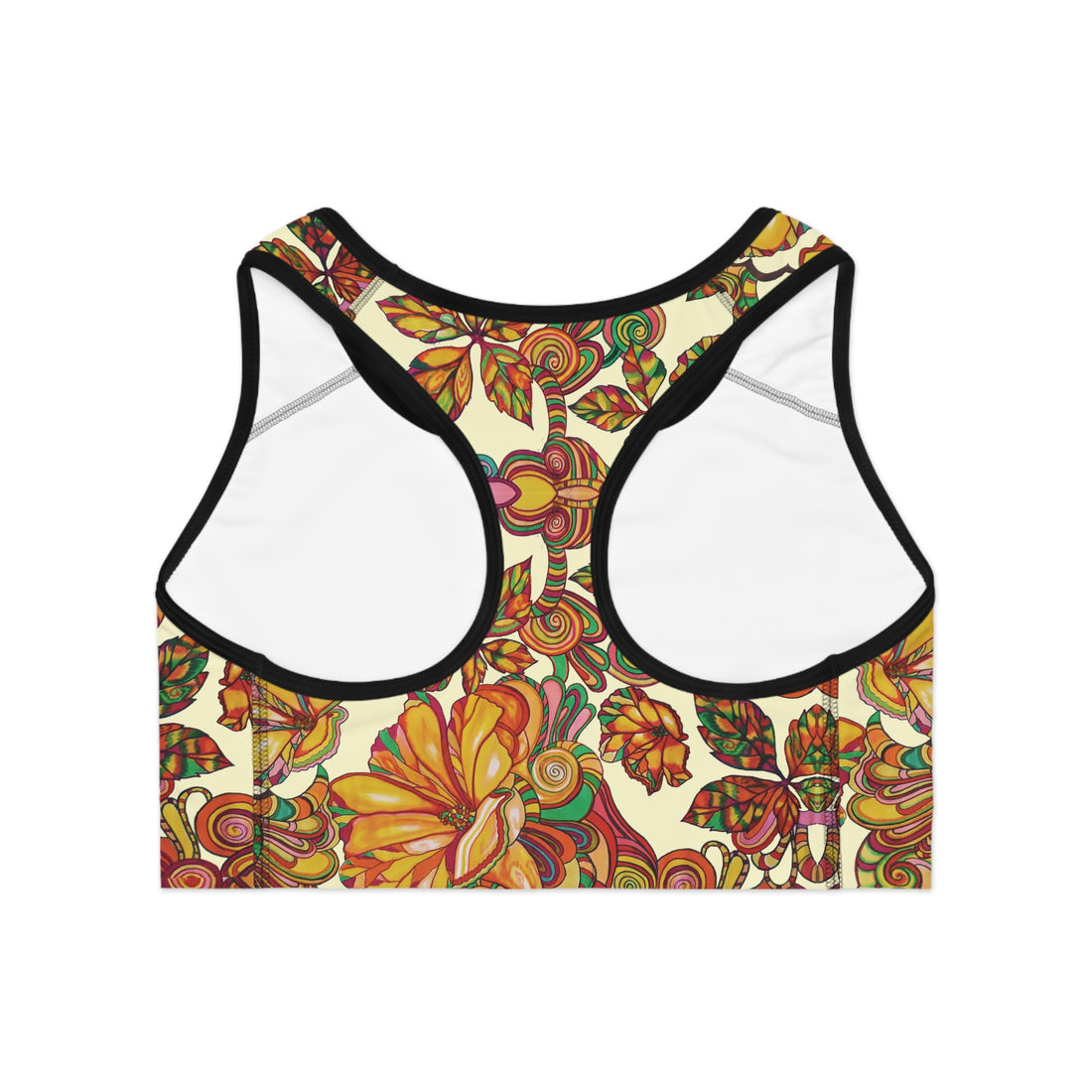 Cream Artsy Floral Racer Back (AOP) Sports Bra