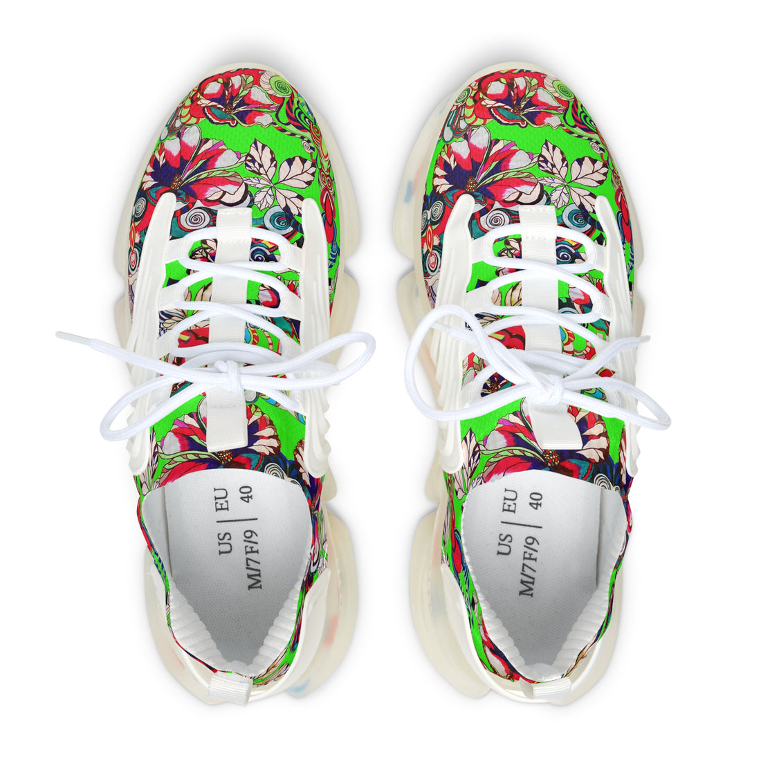 neon green women's graphic floral print mesh knit sneakers