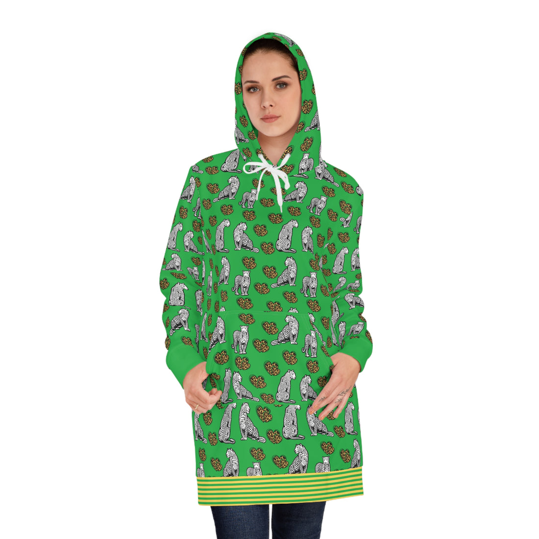 Lawn Green Cheetah Hearts Hoodie Dress (AOP)