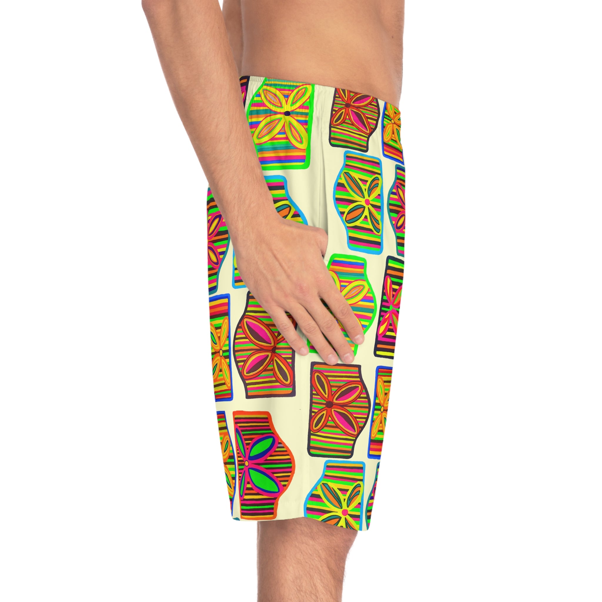 Cream Deco Print Men's Board Shorts (AOP)
