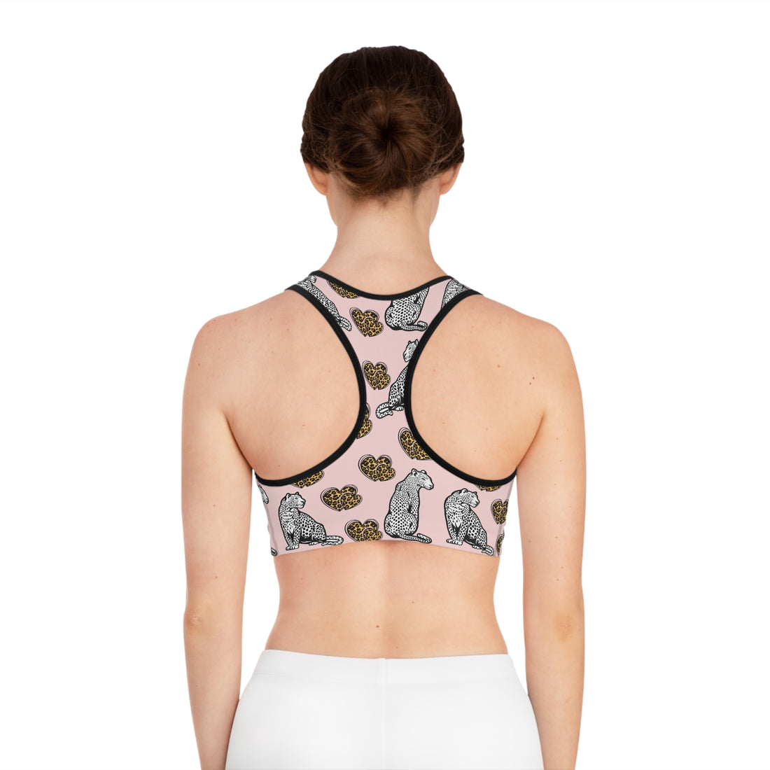 Pale Pink Cheetah Hearts (AOP) Sports Bra