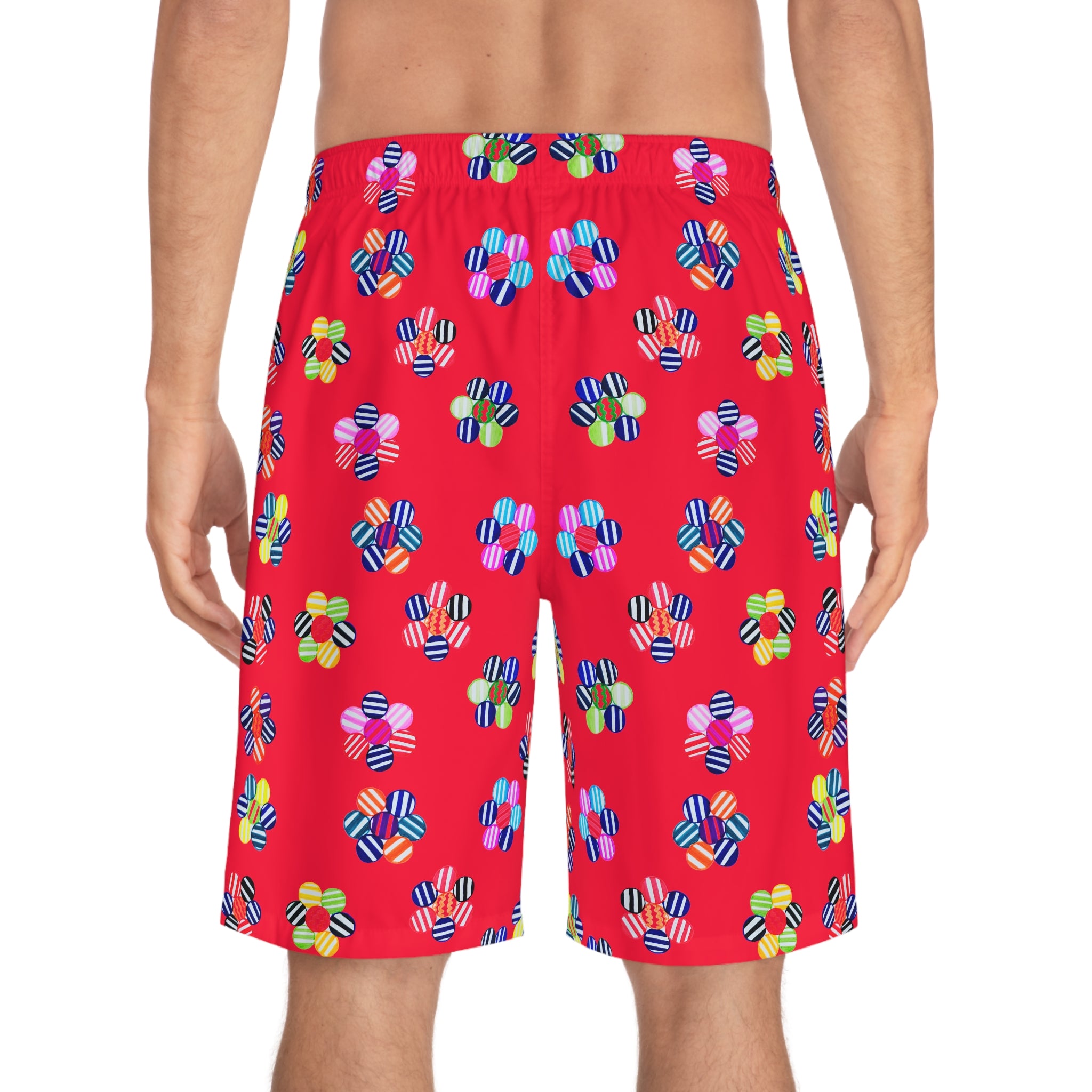 red geometric floral board shorts for men with elastic waistband