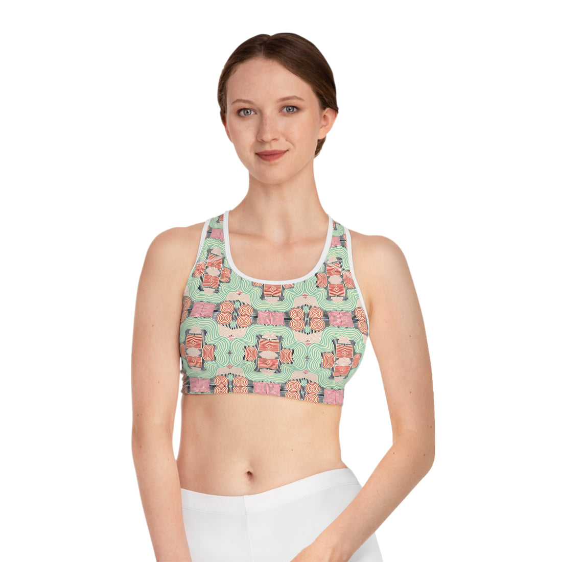 Cream Geometric Print (AOP) Racerback Sports Bra