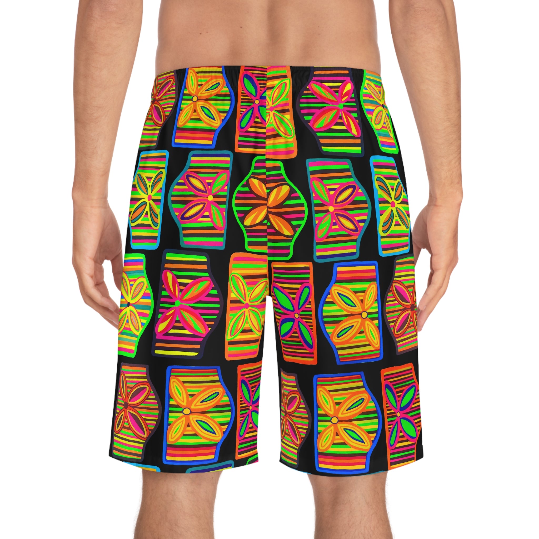 Black Deco Print Men's Board Shorts (AOP)