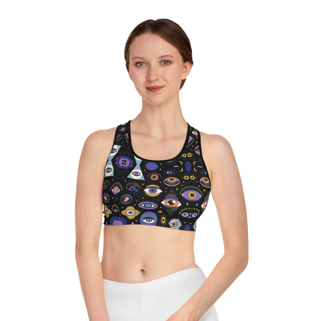 Black Abstract Evil Eye Racerback (AOP) Sports Bra