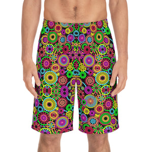 black multicolour psychedelic geometric circles print board shorts for men