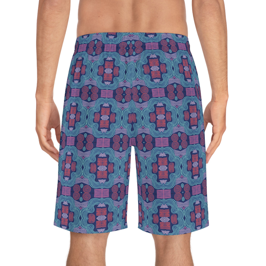 Blue Geometric Print Men's Board Shorts (AOP)