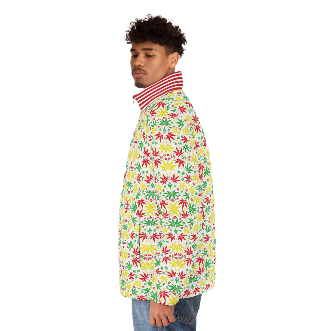 White Tropical Rasta Toned Men's Puffer Jacket