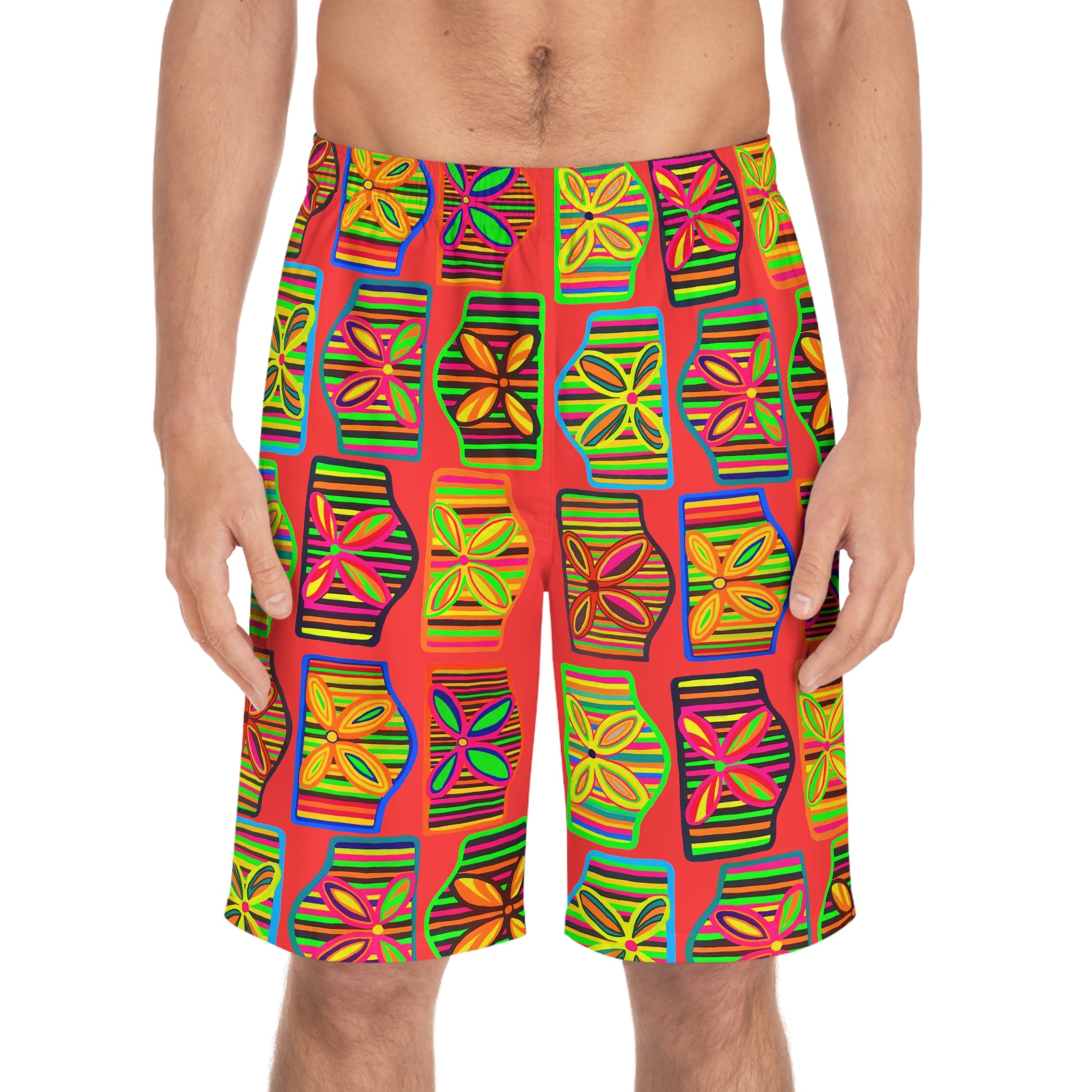 vermillion men's art deco print board shorts