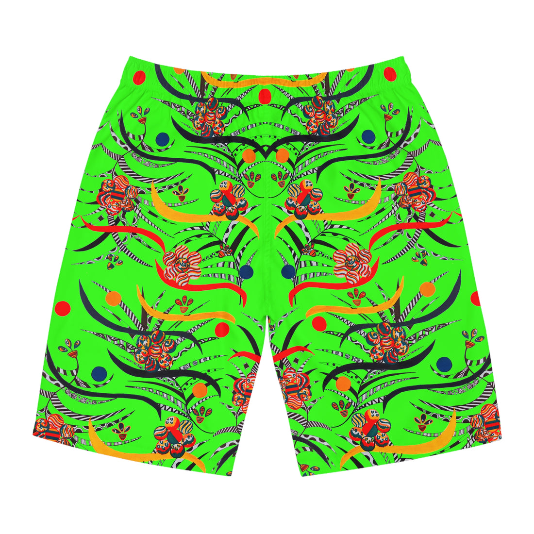Neon Green Wilderness Print Men's Board Shorts (AOP)