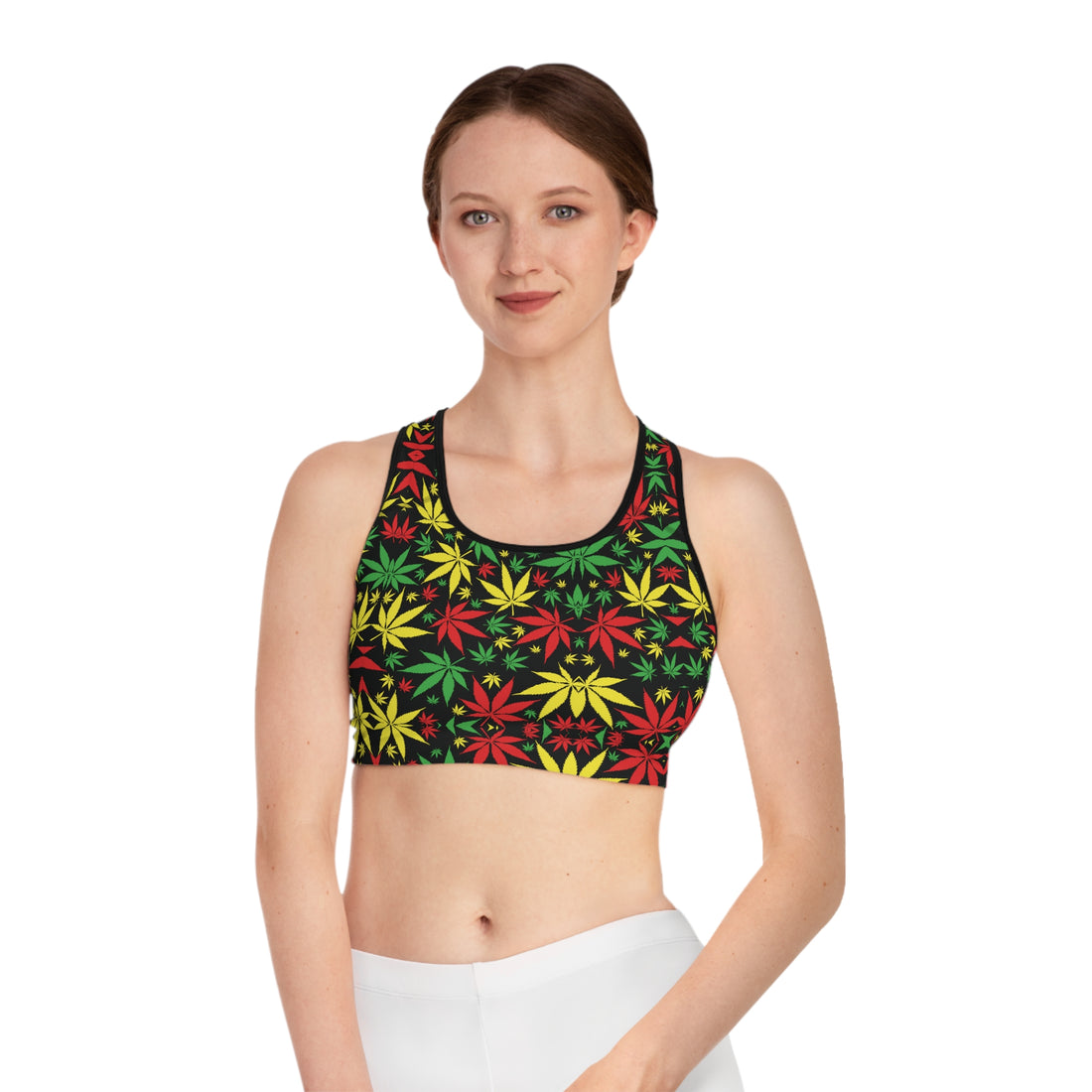 Black Tropical Rasta Toned Racer Back (AOP) Sports Bra