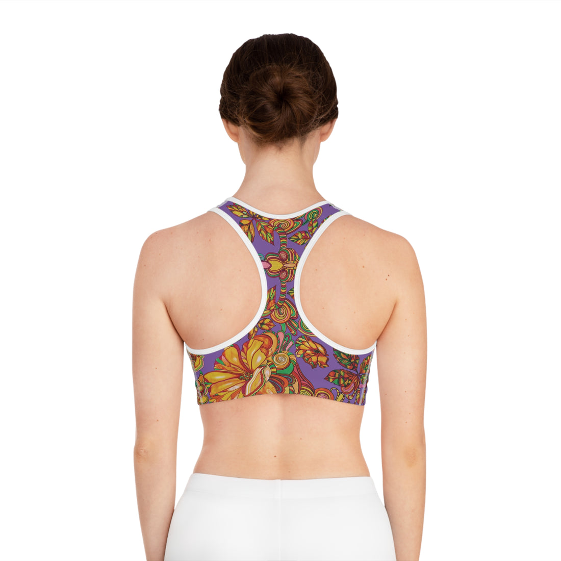 Pearl Purple Artsy Floral Racer Back (AOP) Sports Bra