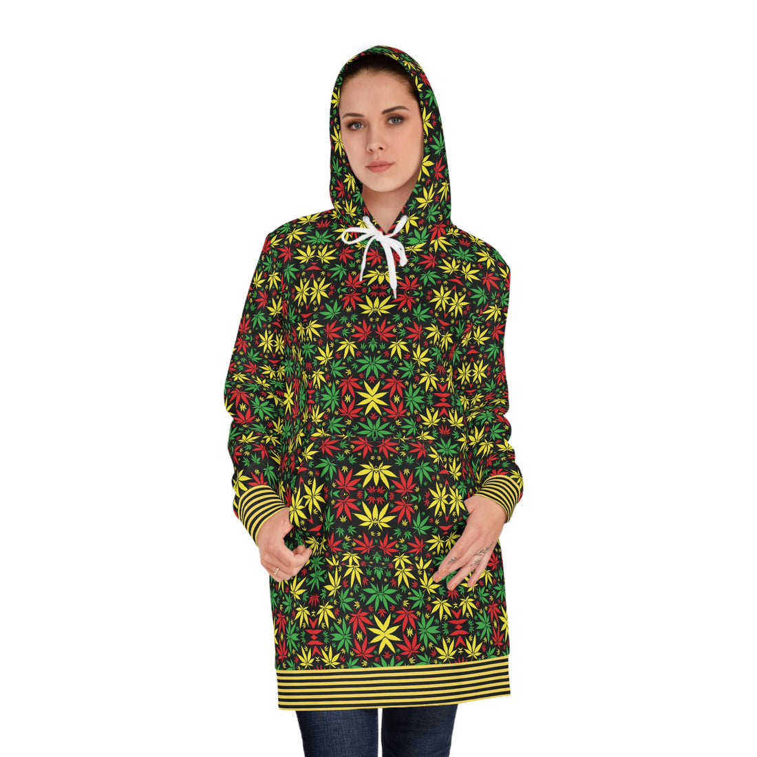 Black Tropical Rasta Toned Hoodie Dress (AOP)