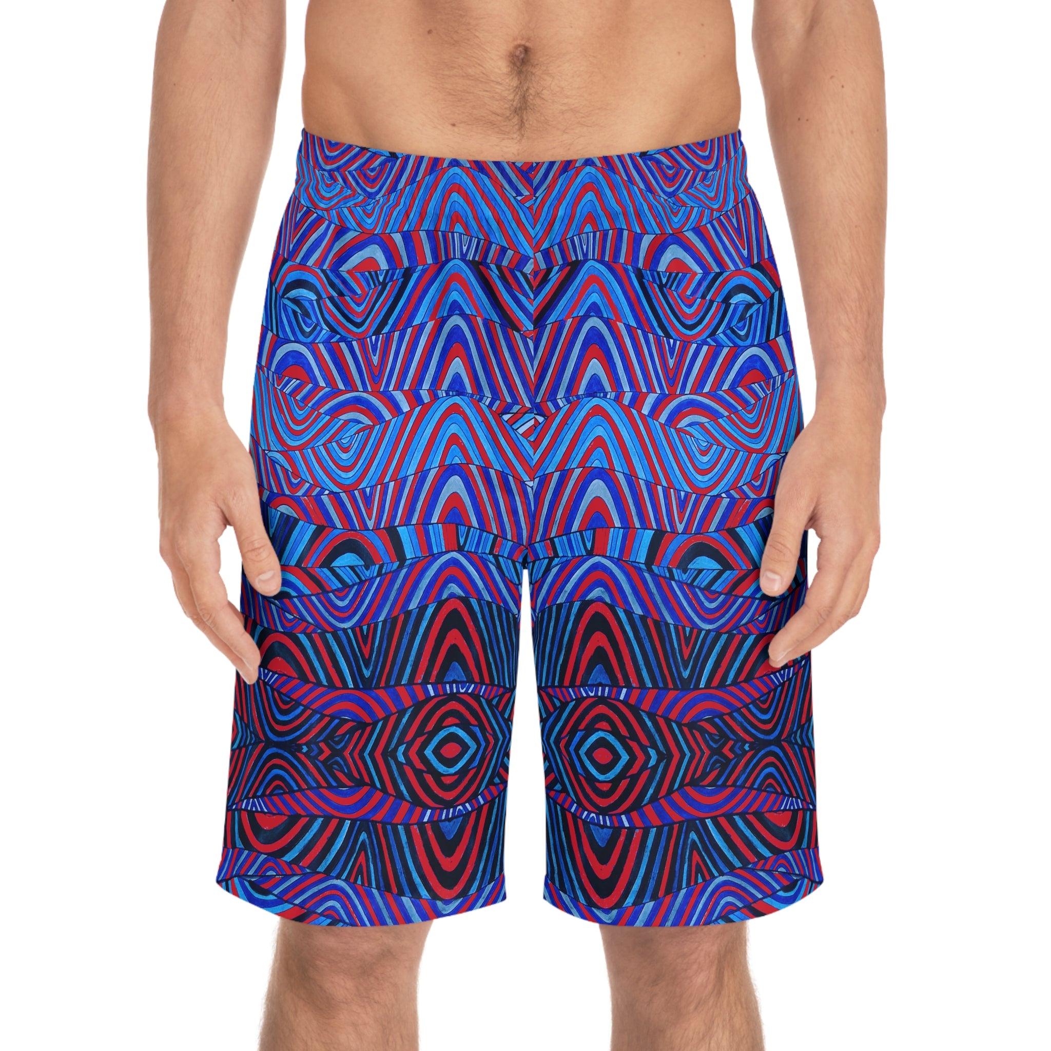 Dark red  sonic waves print board shorts for men