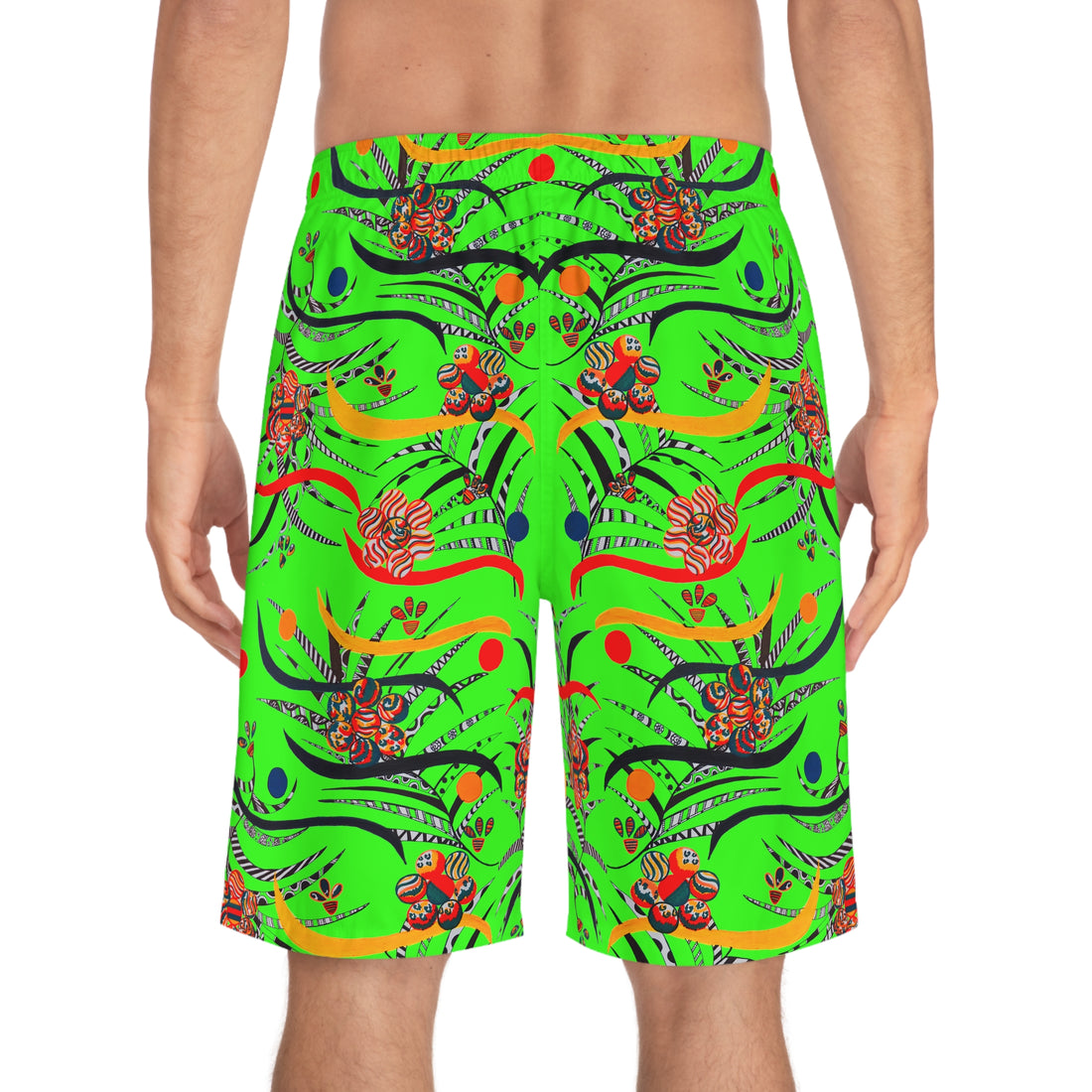 Neon Green Wilderness Print Men's Board Shorts (AOP)