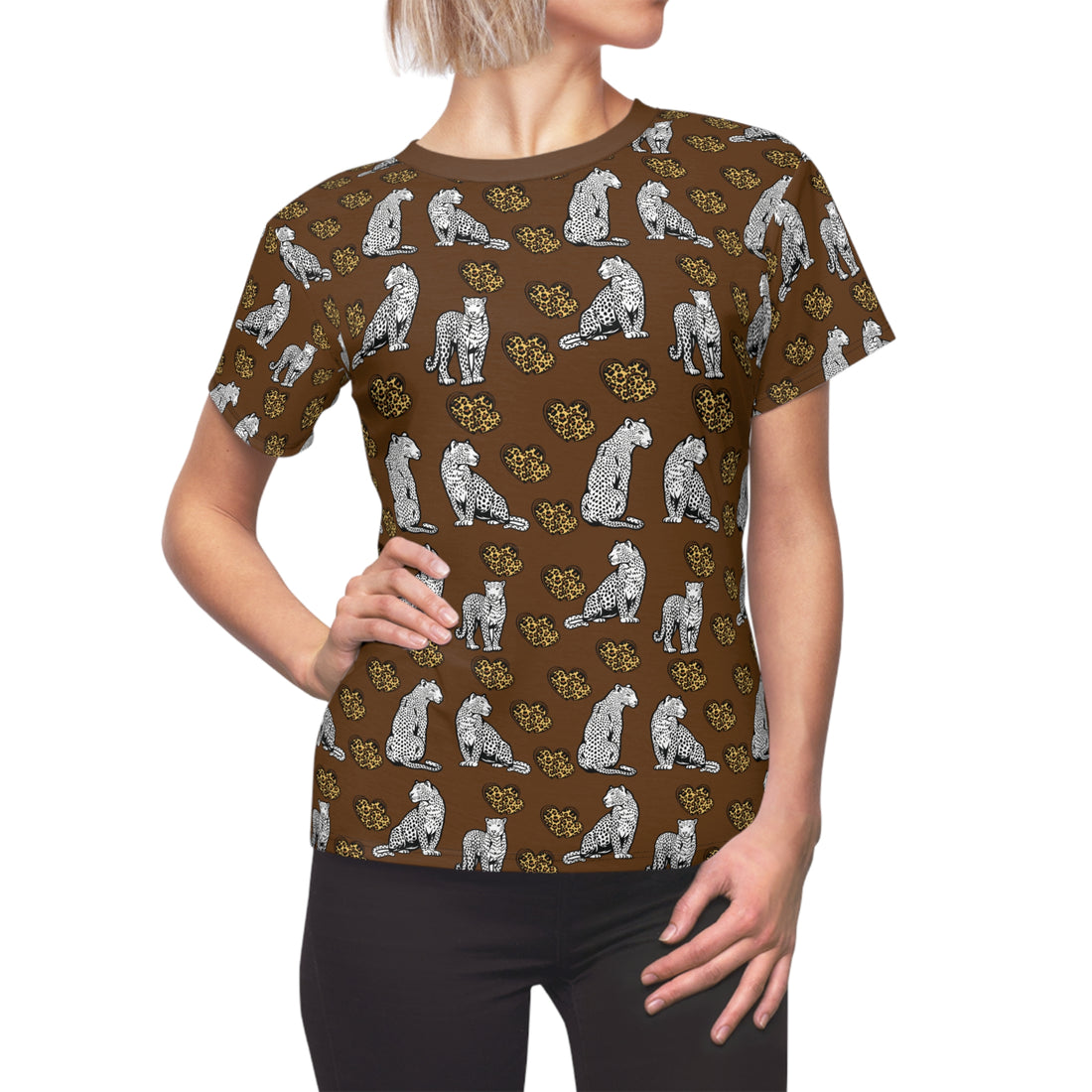 Brown Cheetah Hearts AOP Women's Cap Sleeves T-shirt