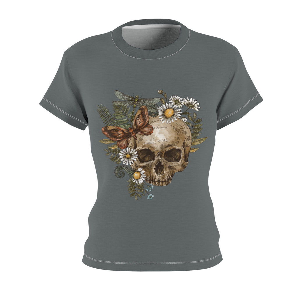 ash grey skull, floral & butterfly vintage print t-shirt for women