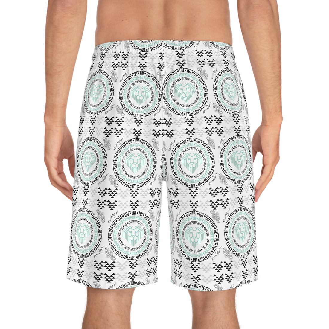 White Geo Lion Head Men's Board Shorts (AOP)